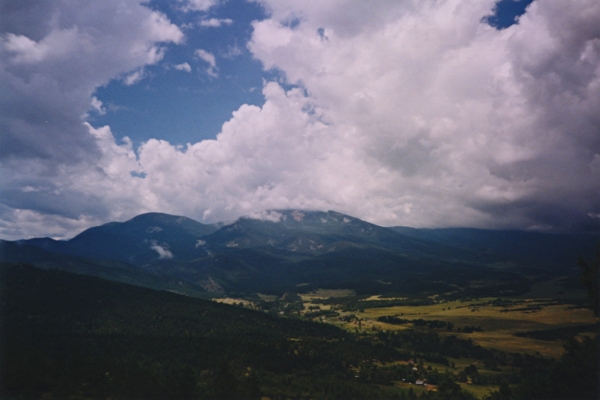 Baldy Mountain in the clouds, as seen from the trail to Miranda